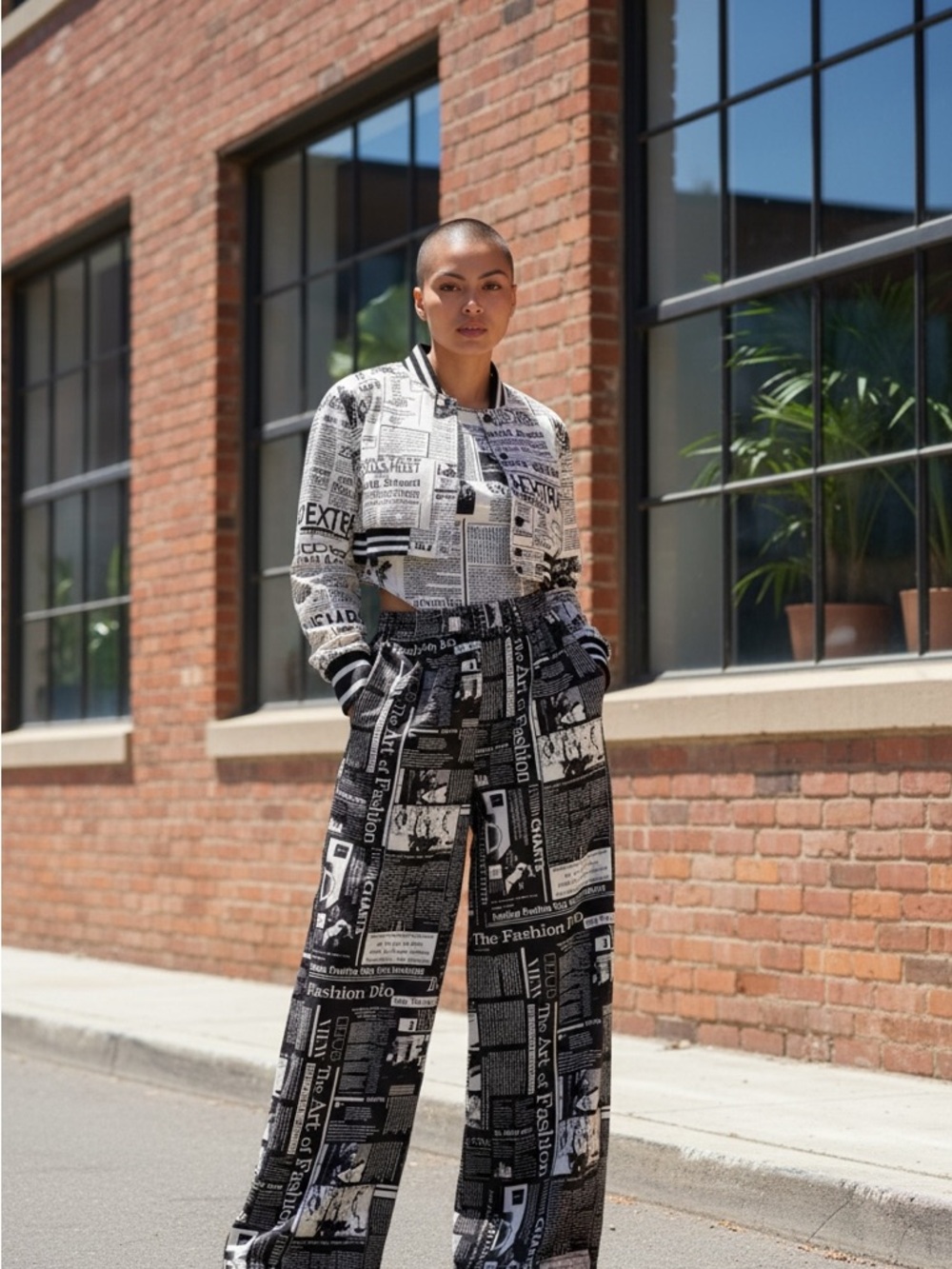 Black & White Newspaper-Print Wide Leg Pants, Jacket and bodysuit